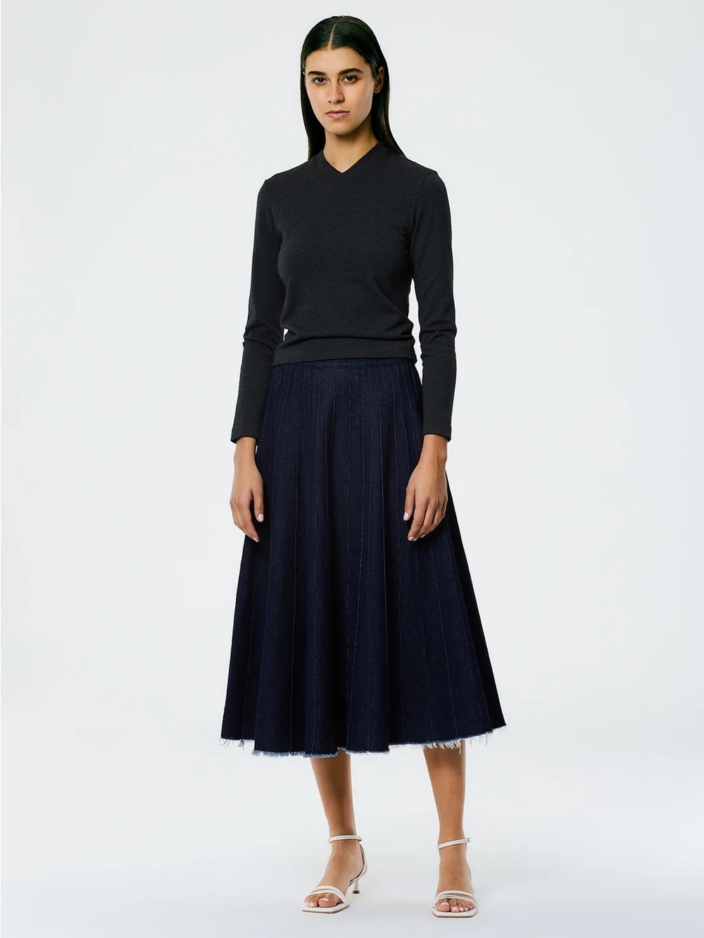 Tibi Brushed Denim Pintucked Skirt